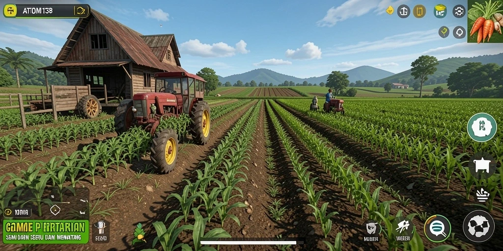 Screenshot gameplay ATOM138 menampilkan aktivitas bertani yang seru.