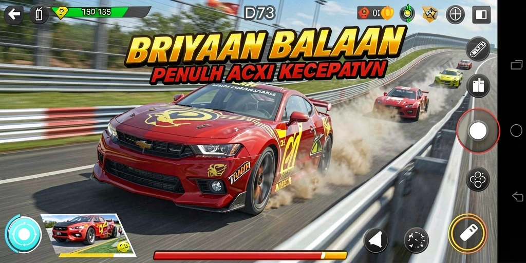 Screenshot gameplay D73 menampilkan aksi balapan yang mendebarkan.