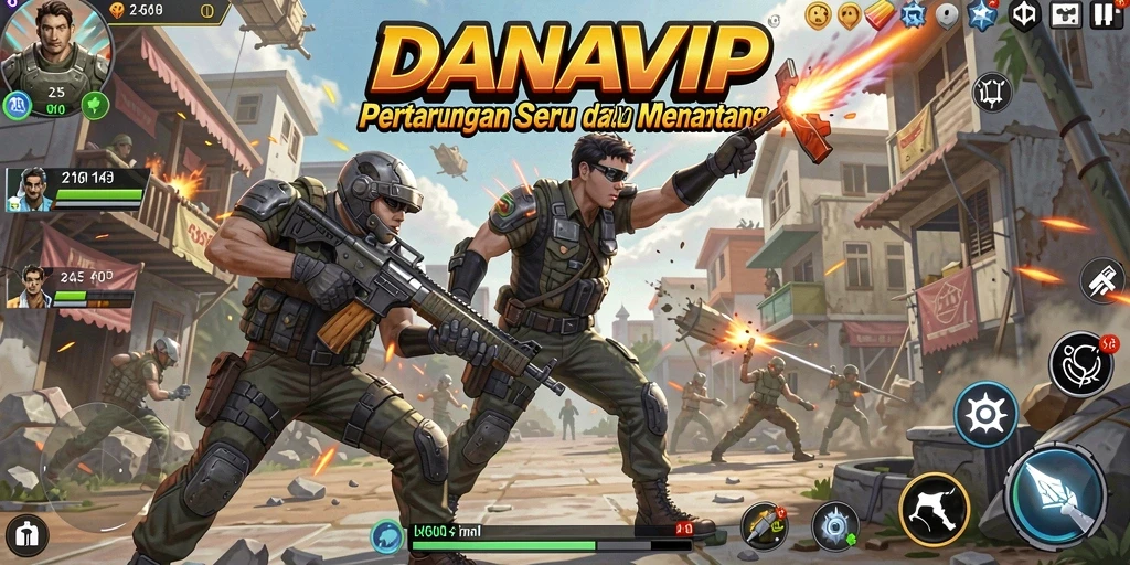 Tampilan gameplay seru dalam pertarungan <strong>DANAVIP</strong> dengan karakter dan arena yang beragam.
