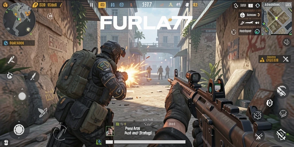 Screenshot gameplay FURLA77 menampilkan adu tembak intens di arena.