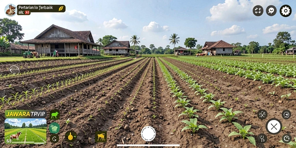 Screenshot gameplay JAWARA79 yang menunjukkan ladang dan peternakan yang indah.