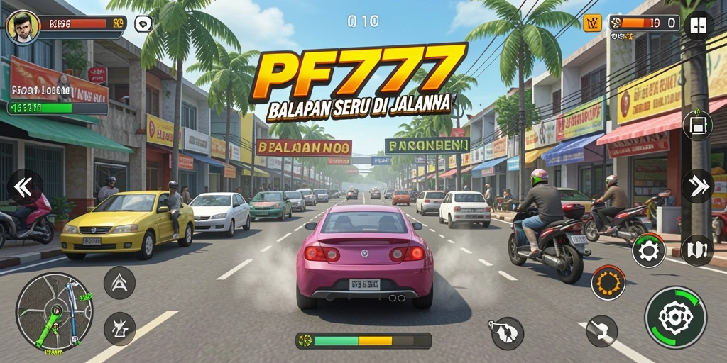 Gameplay Racing PF777 menampilkan mobil cepat dan trek menantang.