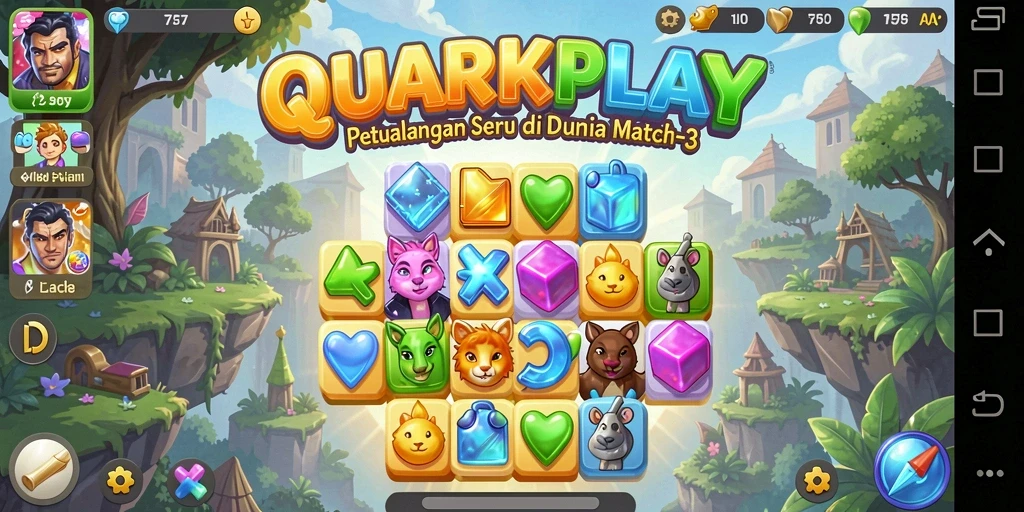 Tampilan gameplay QUARKPLAY dengan level Match-3 yang berwarna-warni dan menarik.