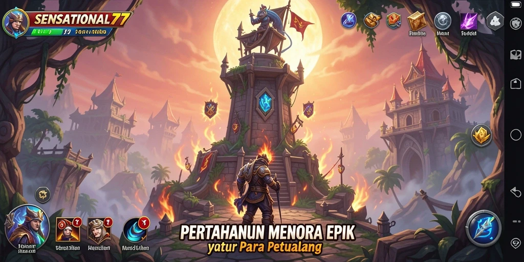 Screenshot gameplay SENSATIONAL77 yang menampilkan pertempuran Tower Defense.